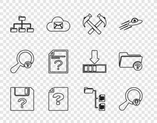 Poster - Set line Unknown document, Search location, Two crossed hammers, Folder tree, and directory icon. Vector