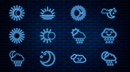 Wall Mural - Set line Cloud with rain and moon, Eclipse of the sun, Sun, and Sunset icon. Vector