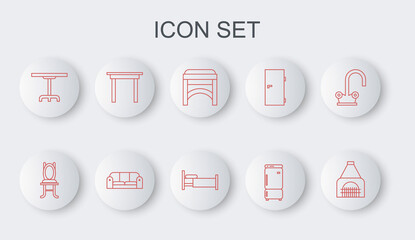 Sticker - Set line Interior fireplace, Chair, Refrigerator, Round table, Wooden, Sofa and Bed icon. Vector