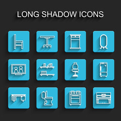 Sticker - Set line Office desk, Toilet bowl, Chair, Oven, Grand piano, Shelf with books, Refrigerator and chair icon. Vector