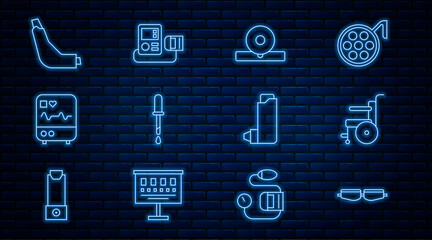 Sticker - Set line Safety goggle glasses, Wheelchair for disabled person, Otolaryngological head reflector, Pipette, Monitor with cardiogram, Inhaler, and Blood pressure icon. Vector