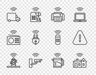 Wall Mural - Set line Wireless antenna, Smart home with wireless, printer, security camera, truck, electric plug, kettle and Exclamation mark triangle icon. Vector