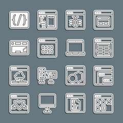 Set line Browser files, Software, MySQL code, System bug, Binary, Keyboard, Programming language syntax and Laptop icon. Vector