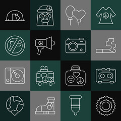 Sticker - Set line Sun, Retro audio cassette tape, Cigarette, Balloons, Megaphone, No war, Tourist tent and Photo camera icon. Vector