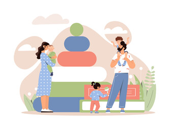 Babysitter with kids. Man and woman holding girl and boy in arms. Parents and children, happy family playing, rest after work at weekend. Development and creativity. Cartoon flat vector illustration