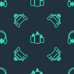 Sticker - Set line Burning candles, Police car flasher and Headphone sound waves on seamless pattern. Vector