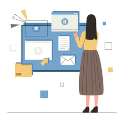 Poster - Online courses concept. Young girl watching video, modern teaching methods. Remote employee, female student preparing for examination, working with information. Cartoon flat vector illustration