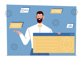 Poster - Software developer with code. Man holding website pages, programmer and backend developer. Remote employee or freelancer, IT specialist. Modern technologies. Cartoon flat vector illustration