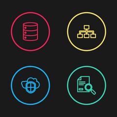 Poster - Set line Cloud and shield, Document with search, Hierarchy organogram chart and Server, Data, Web Hosting icon. Vector