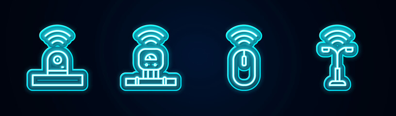 Poster - Set line Smart security camera, sensor, Wireless mouse and street light. Glowing neon icon. Vector
