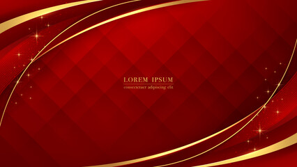 Luxurious golden curve line with glittering light on red abstract background. Vector illustration