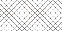 Seamless Rusted Chain Link Wire Fence Background Texture Isolated On White. Tileable Metal Diamond Mesh Urban Fencing Repeat Surface Pattern.  A High Resolution Construction Backdrop 3D Rendering.