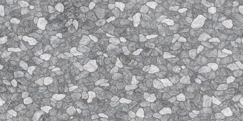 Poster - Seamless gray cobblestone wall or road background texture. Tileable grungy natural rock and stone shaped path or walkway repeat surface pattern. A high resolution construction backdrop 3D rendering.