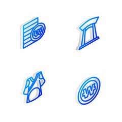 Set Isometric line Korean gate, South won coin, Kimono and icon. Vector