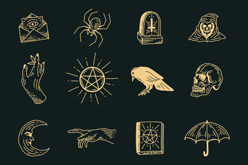 set collection mystical celestial clipart symbol space doodle esoteric magic elements vintage illust
