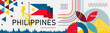 Philippines national day banner design. Filipino flag and map theme with Mayon volcano background. Abstract geometric retro shapes of red yellow blue color. Travel Vector Illustration.