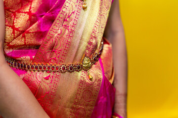 Wall Mural - South Indian Tamil bride's wearing her wedding outfit and jewellery close up