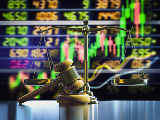 Wall Mural - Financial law with law scale and gavel judge on stock market exchange board