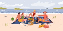 Picnic On Summer Beach, Sea And People On Vacations With Food, Flat Vector. Friends Couple At Ocean Beach On Sand, Happy Man And Woman At Seaside Or Lake Beach With Picnic Lunch And Drinks