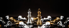 Close-up King Chess Standing On Falling Chess Concepts Of Wining To Challenge Or Battle Fighting Of Business Team And Leadership Strategy And Organization Risk Management Or Team Player.