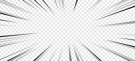 Manga transparent comic explosion, motion or movement effect, vector background. Manga anime cartoon radial speed lines and abstract pattern for comic book burst, flash ray or explode bang action