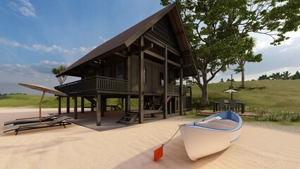 boat on tropical wooden house on the beach