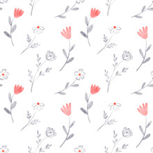 Watercolor Seamless Pattern With Flowers. Hand-drawn Floral Ornament On White Background