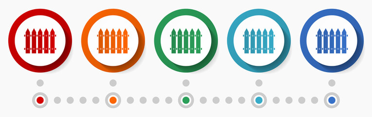 Aufkleber - Fence, garden concept vector icon set, infographic template, flat design circle colorful web buttons in 5 color options