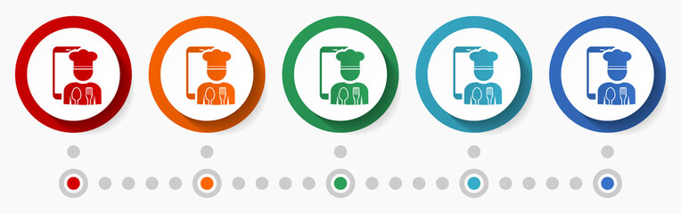 Fototapete - Online restaurant concept vector icon set, infographic template, flat design circle colorful web buttons in 5 color options