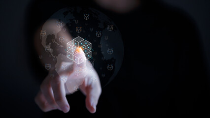 Blockchain network connecting. Hand touching block chain connection financial technology virtual reality.