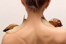 Two Large Achatina Snails Crawl Over The Shoulders Of A Young Woman