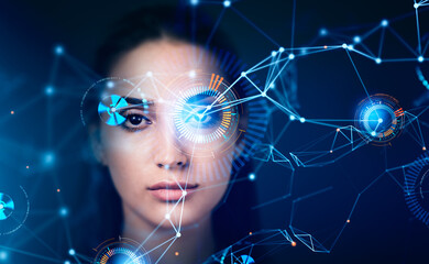 Poster - Attractive businesswoman is watching at digital interface with p