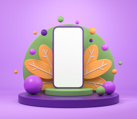 Poster - Mobile phone on podium with decoration, mockup empty screen