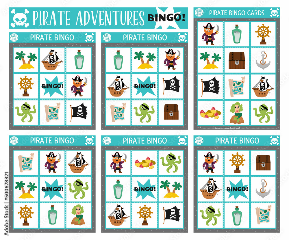 Vector pirate bingo cards set. Fun treasure island lotto board game with cute pirate, ship, mermaid, animals for kids. Sea adventures lottery activity. Simple educational printable worksheet.. Stock Vector | Adobe Stock vector-pirate-bingo-cards-set-fun-treasure-island-lotto-board-game-with-cute-pirate-ship-mermaid-animals-for-kids-sea-adventures-lottery-activity-simple-educational-printable-worksheet-stock-vector-adobe-stock
