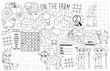 Vector on the farm placemat for kids. Country farm printable activity mat with maze, tic tac toe charts, connect the dots, find difference. Farmhouse black and white play mat or coloring page.