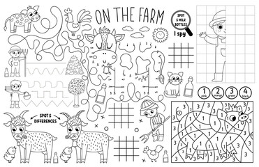 Wall Mural - Vector on the farm placemat for kids. Country farm printable activity mat with maze, tic tac toe charts, connect the dots, find difference. Farmhouse black and white play mat or coloring page.