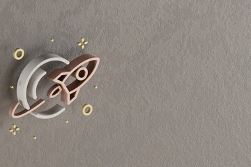 Aufkleber - Beautiful abstract illustrations Golden Rocket and start symbol icons on a gray wall background. 3d rendering illustration. Background pattern for design. Space exploration
