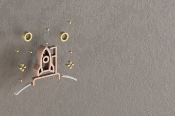 Aufkleber - Beautiful abstract illustrations Golden Rocket and start symbol icons on a gray wall background. 3d rendering illustration. Background pattern for design. Space exploration