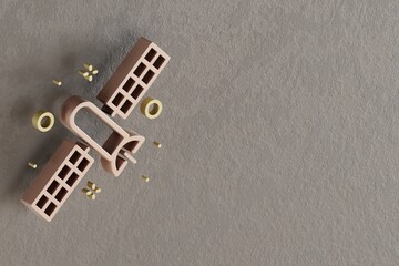 Poster - Beautiful abstract illustrations Golden Satellite symbol icons on a gray wall background. 3d rendering illustration. Background pattern for design. Space exploration