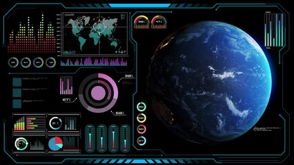 futuristic vr head-up display design with orbital global network 3d rendering motion graphic . hud e