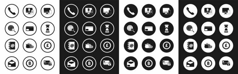 Poster - Set Computer monitor and mobile phone, Envelope, Magnifying glass with globe, Telephone handset, Old hourglass flowing sand, bitcoin, Coin money pound sterling symbol and Address book icon. Vector