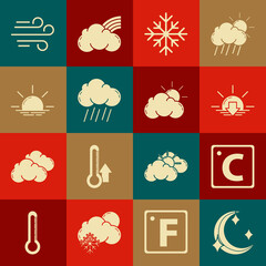 set moon and stars, celsius, sunset, snowflake, cloud with rain, sunrise, wind and cloud weather ico