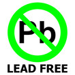 Lead free sign. Vector illustration of green circular prohibition sign with crossed out Pb icon inside. symbol isolated on white background.