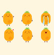 Pineapple character. Many emotions cartoon. Martial, dismal, cry, smile, happy, angry and surprised.