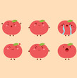 Apple character. Many emotions cartoon. Martial, dismal, cry, smile, happy, angry and surprised.
