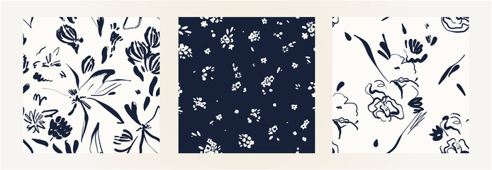 Hand drawn minimal abstract flower pattern set. Collage contemporary print. Fashionable template for design. Black and white palette.