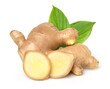 Close up, Fresh ginger rhizome with sliced and green leaves isolated on white background