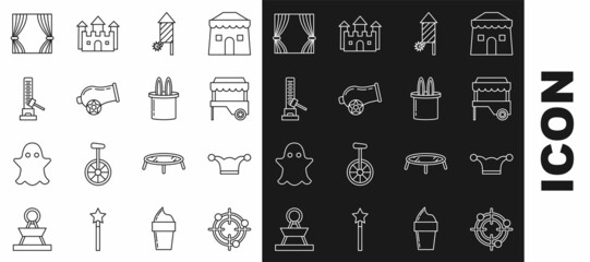 Sticker - Set line Target sport for shooting competition, Fast street food cart awning, Firework rocket, Cannon, High striker attraction big hammer, Curtain and Magician and rabbit ears icon. Vector