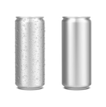 Realistic Aluminium Can With Water Drops, Silver Energy Drink Beer, Soda, Lemonade, Coffee Can Mockup. Isolated Vector Blank 3d Tin Jars Front View, Cylinder Metal Beverage Canisters With Drops