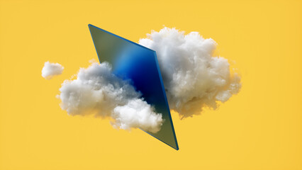 Wall Mural - 3d render, abstract yellow background with blue square shape and white clouds, modern minimal conceptual wallpaper